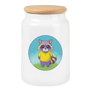Raccoon Cute Kawaii Cartoon Clipart Animal Pet - Cookie Jar with Wooden Lid - white - Front