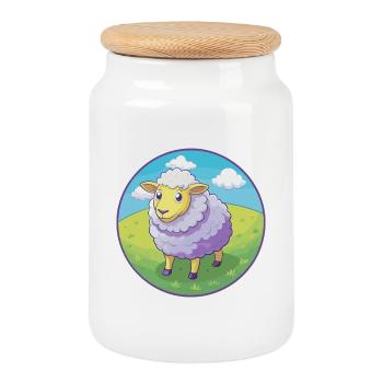 Sheep Cute Kawaii Cartoon Clipart Animal Pet - Cookie Jar with Wooden Lid - white - Front