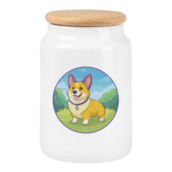 Corgi Dog Cute Kawaii Cartoon Clipart Animal Pet - Cookie Jar with Wooden Lid - white - Front
