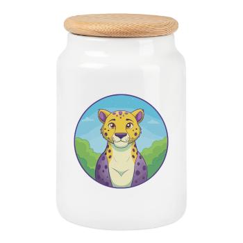 Cheetah Cute Kawaii Cartoon Clipart Animal Pet - Cookie Jar with Wooden Lid - white - Front