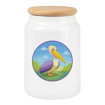 Pelican Cute Kawaii Cartoon Clipart Animal Pet - Cookie Jar with Wooden Lid - white - Front