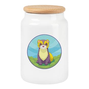 Furet mignon Kawaii dessin animé Clipart Animal de compagnie - Boîte à biscuits avec couvercle en bois - blanc - Devant