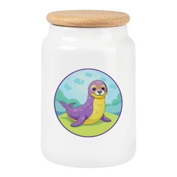 Seal Cute Kawaii Cartoon Clipart Animal Pet - Cookie Jar with Wooden Lid - white - Front