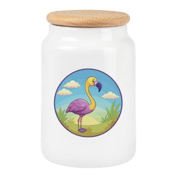 flamant rose mignon Kawaii dessin animé Clipart Animal de compagnie - Boîte à biscuits avec couvercle en bois - blanc - Devant