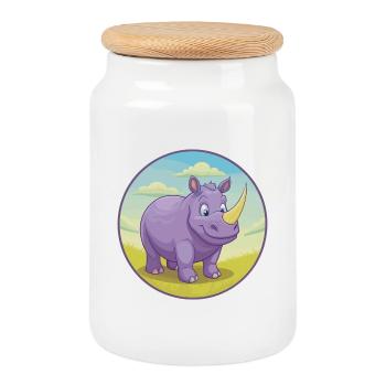 Rhino Cute Kawaii Cartoon Clipart Animal Pet - Cookie Jar with Wooden Lid - white - Front
