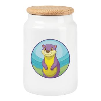 Otter Cute Kawaii Cartoon Clipart Animal Pet - Cookie Jar with Wooden Lid - white - Front