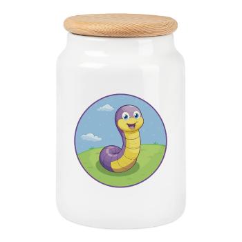 Ver de terre mignon Kawaii dessin animé Clipart Animal de compagnie - Boîte à biscuits avec couvercle en bois - blanc - Devant