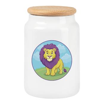 Lion mignon Kawaii dessin animé Clipart Animal de compagnie - Boîte à biscuits avec couvercle en bois - blanc - Devant
