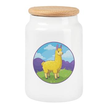 Llama Cute Kawaii Cartoon Clipart Animal Pet - Cookie Jar with Wooden Lid - white - Front