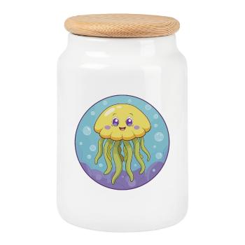 Méduse mignon Kawaii dessin animé Clipart Animal de compagnie - Boîte à biscuits avec couvercle en bois - blanc - Devant