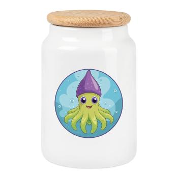 Tintenfisch niedlich kawaii Cartoon Clipart Tier Haustier - Keksdose mit Holzdeckel - Weiß - Vorne