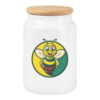 abeille mignon kawaii dessin animé clipart animal de compagnie - Boîte à biscuits avec couvercle en bois - blanc - Devant