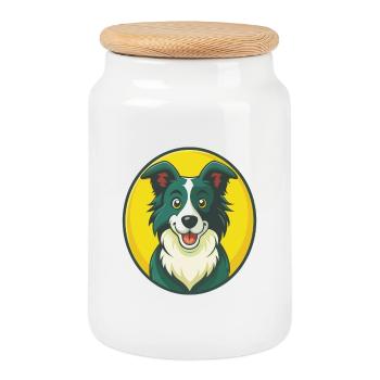 Border Collie Chien Mignon Kawaii Dessin animé Animal de compagnie - Boîte à biscuits avec couvercle en bois - blanc - Devant