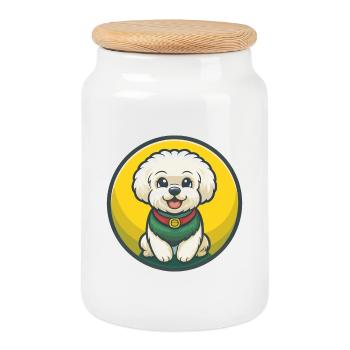 Bichon frisé chien mignon drôle Kawaii dessin animé Animal - Boîte à biscuits avec couvercle en bois - blanc - Devant