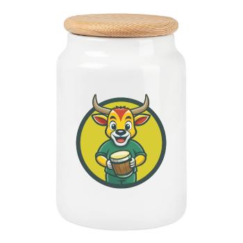 Bongo mignon Kawaii dessin animé Clipart Animal de compagnie - Boîte à biscuits avec couvercle en bois - blanc - Devant
