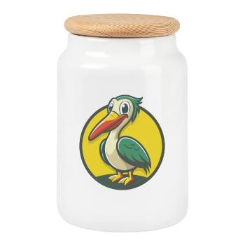 Pelican Cute Kawaii Cartoon Clipart Pet Animal - Cookie Jar with Wooden Lid - white - Front