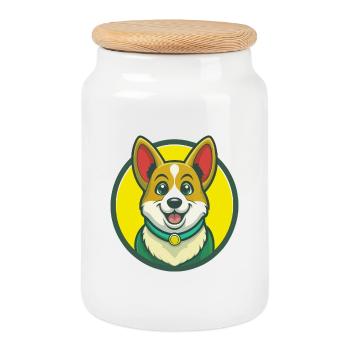 Corgi Dog Cute Kawaii Cartoon Clipart Pet Animal - Cookie Jar with Wooden Lid - white - Front
