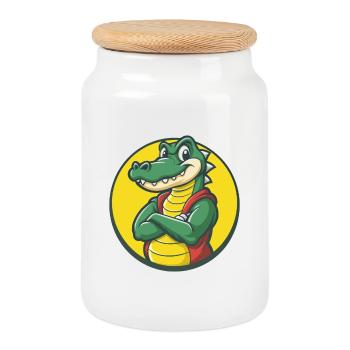 Crocodile Mignon Kawaii Dessin animé Clipart Animal de compagnie - Boîte à biscuits avec couvercle en bois - blanc - Devant