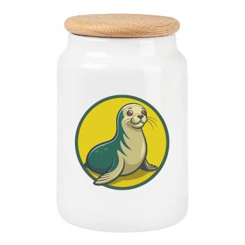 phoque mignon Kawaii dessin animé Clipart Animal de compagnie - Boîte à biscuits avec couvercle en bois - blanc - Devant