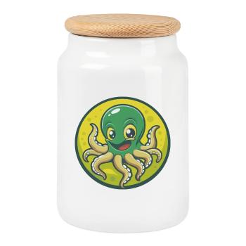 pieuvre mignon kawaii dessin animé clipart animal de compagnie - Boîte à biscuits avec couvercle en bois - blanc - Devant