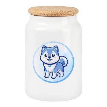 Akita Dog Blue Kawaii Cartoon Character Clipart - Cookie Jar with Wooden Lid - white - Front