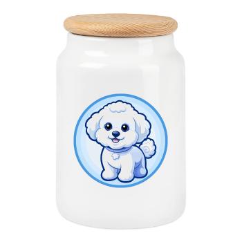 Bichon Frise Dog Blue Kawaii Cartoon Character Pet - Cookie Jar with Wooden Lid - white - Front