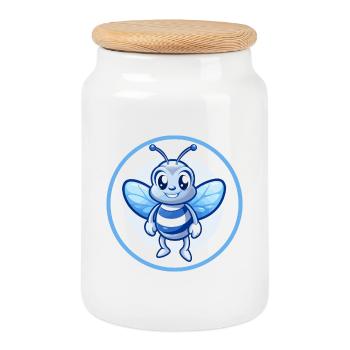 Abeille Bleu Mignon Kawaii Dessin Animé Personnage Clipart Animal de compagnie - Boîte à biscuits avec couvercle en bois - blanc - Devant