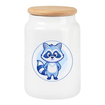 Raccoon Blue Kawaii Cartoon Character Clipart Pet - Cookie Jar with Wooden Lid - white - Front