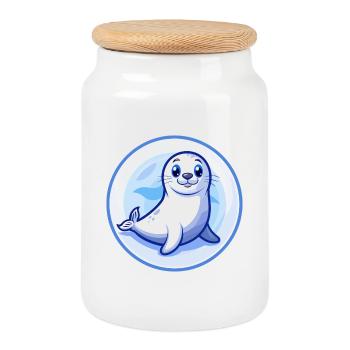 phoque bleu kawaii dessin animé personnage clipart animal de compagnie - Boîte à biscuits avec couvercle en bois - blanc - Devant