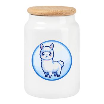 Llama Blue Kawaii Cartoon Character Clipart Pet - Cookie Jar with Wooden Lid - white - Front