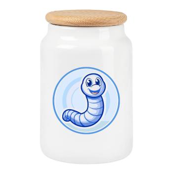 Ver de terre bleu kawaii dessin animé Personnage Clipart - Boîte à biscuits avec couvercle en bois - blanc - Devant