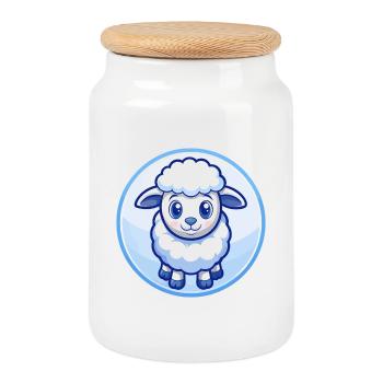 mouton bleu kawaii dessin animé personnage clipart animal de compagnie - Boîte à biscuits avec couvercle en bois - blanc - Devant