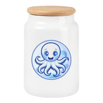 pieuvre bleu kawaii dessin animé personnage clipart animal de compagnie - Boîte à biscuits avec couvercle en bois - blanc - Devant