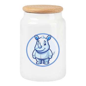 Rhino Blue Kawaii Cartoon Character Clipart Pet - Cookie Jar with Wooden Lid - white - Front