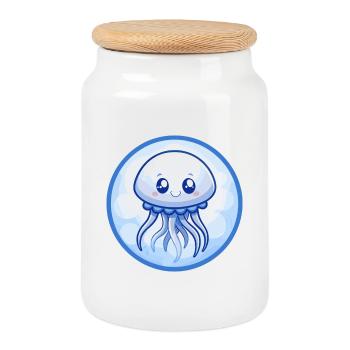 méduse bleu kawaii dessin animé personnage clipart - Boîte à biscuits avec couvercle en bois - blanc - Devant