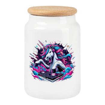 Unicorn DJ Music Play Gift - Cookie Jar with Wooden Lid - white - Front