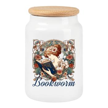Bookworm Woman Reading Browsing Gift - Cookie Jar with Wooden Lid - white - Front