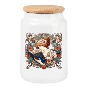 Woman Reading Browsing Book Books Gift - Cookie Jar with Wooden Lid - white - Front
