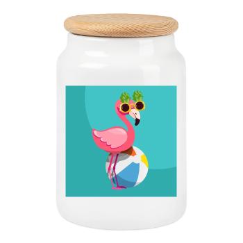 Flamant rose, son ballon et ses lunettes ananas - Boîte à biscuits avec couvercle en bois - blanc - Devant