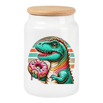 Dino-Donut-Motiv: Ein Abenteuer für Naschkatzen - Keksdose mit Holzdeckel - Weiß - Vorne