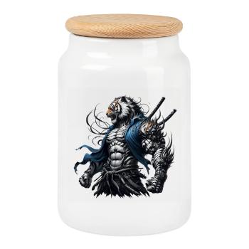 Samurai-Tiger - Keksdose mit Holzdeckel - Weiß - Vorne