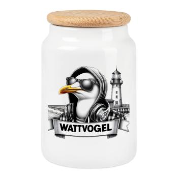 Coole Möwe Wattvogel mit Sonnenbrille und Kapuze - Keksdose mit Holzdeckel - Weiß - Vorne