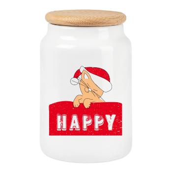 Happy Cat with Christmas-Cap - Cookie Jar with Wooden Lid - white - Front