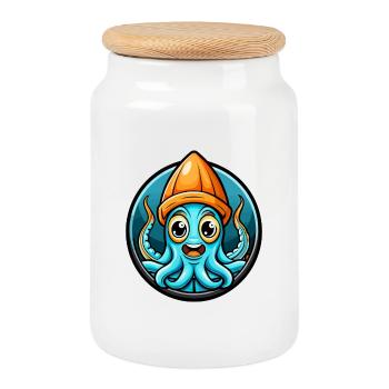 Tintenfisch Bunte Kawaii Cartoon Figur Clipart - Keksdose mit Holzdeckel - Weiß - Vorne