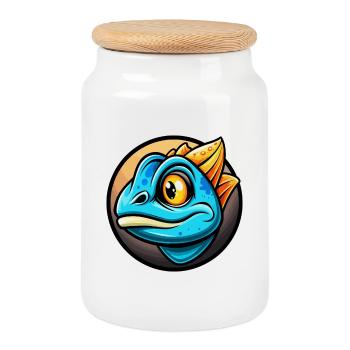 Chameleon Colorful Kawaii Cartoon Character Animal - Cookie Jar with Wooden Lid - white - Front