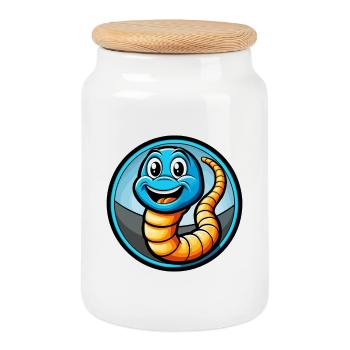 Earthworm Colorful Kawaii Cartoon Character Animal - Cookie Jar with Wooden Lid - white - Front