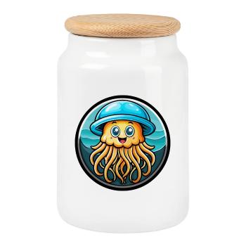 méduse coloré Kawaii dessin animé personnage animal - Boîte à biscuits avec couvercle en bois - blanc - Devant