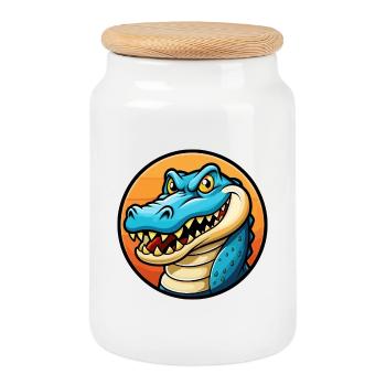 Crocodile Colorful Kawaii Cartoon Character Animal - Cookie Jar with Wooden Lid - white - Front