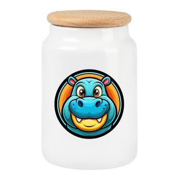 hippopotame coloré kawaii personnage de dessin animé clipart - Boîte à biscuits avec couvercle en bois - blanc - Devant