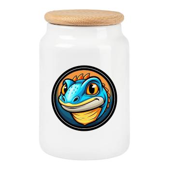 lézard coloré kawaii dessin animé personnage clipart - Boîte à biscuits avec couvercle en bois - blanc - Devant